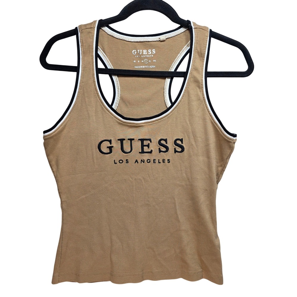 Guess Ribbed Racerback Tank Top‎ Womens L Embroidered Large Logo Spell Out Tan